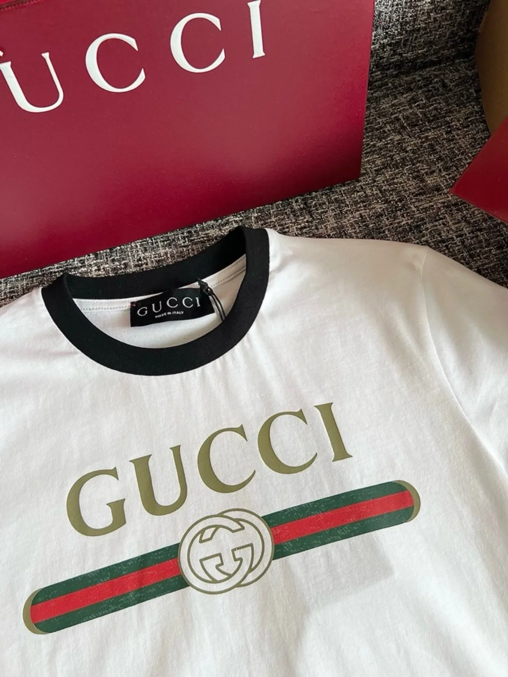 Gucci White Tee with Black Trim and Red-Green Web Stripe - Picture 3 of 9